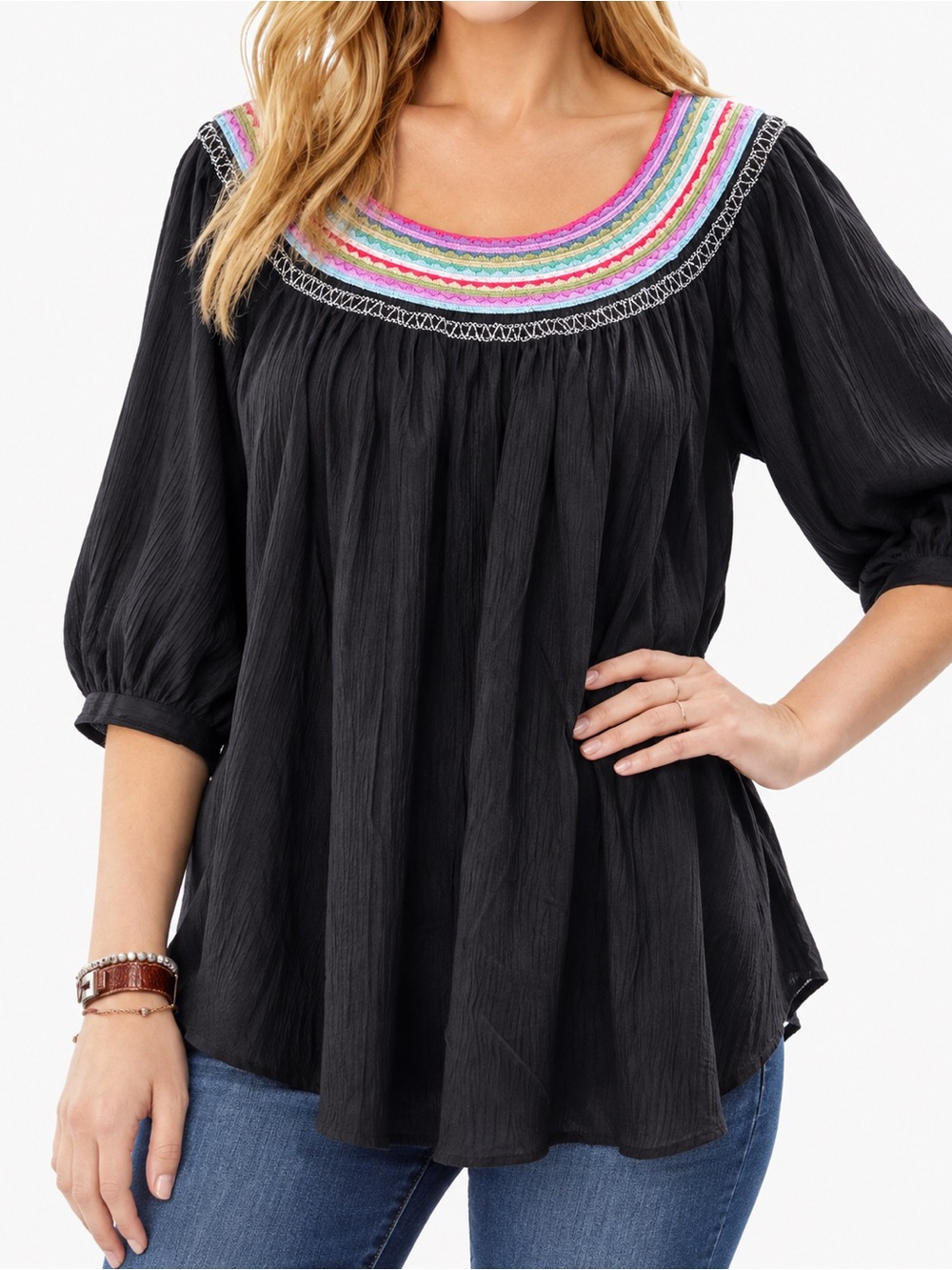Woman Within 100% Cotton Blouse Black Rainbow Embroidered Relaxed Fit, Large